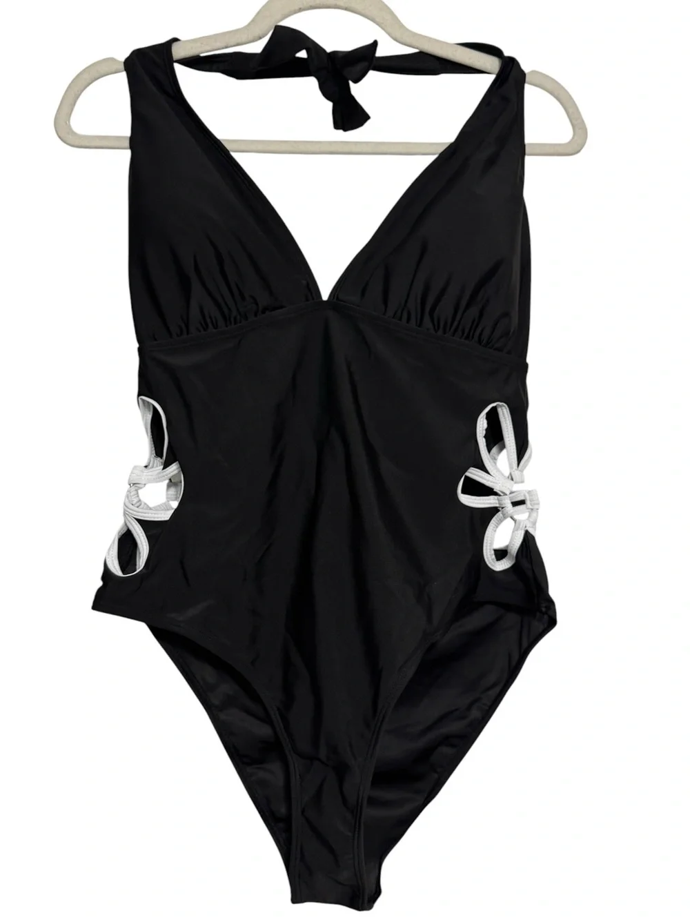 Chic Black One-Piece Swimsuit - Sexy Deep V-Neck & White Floral Side Cutouts XL